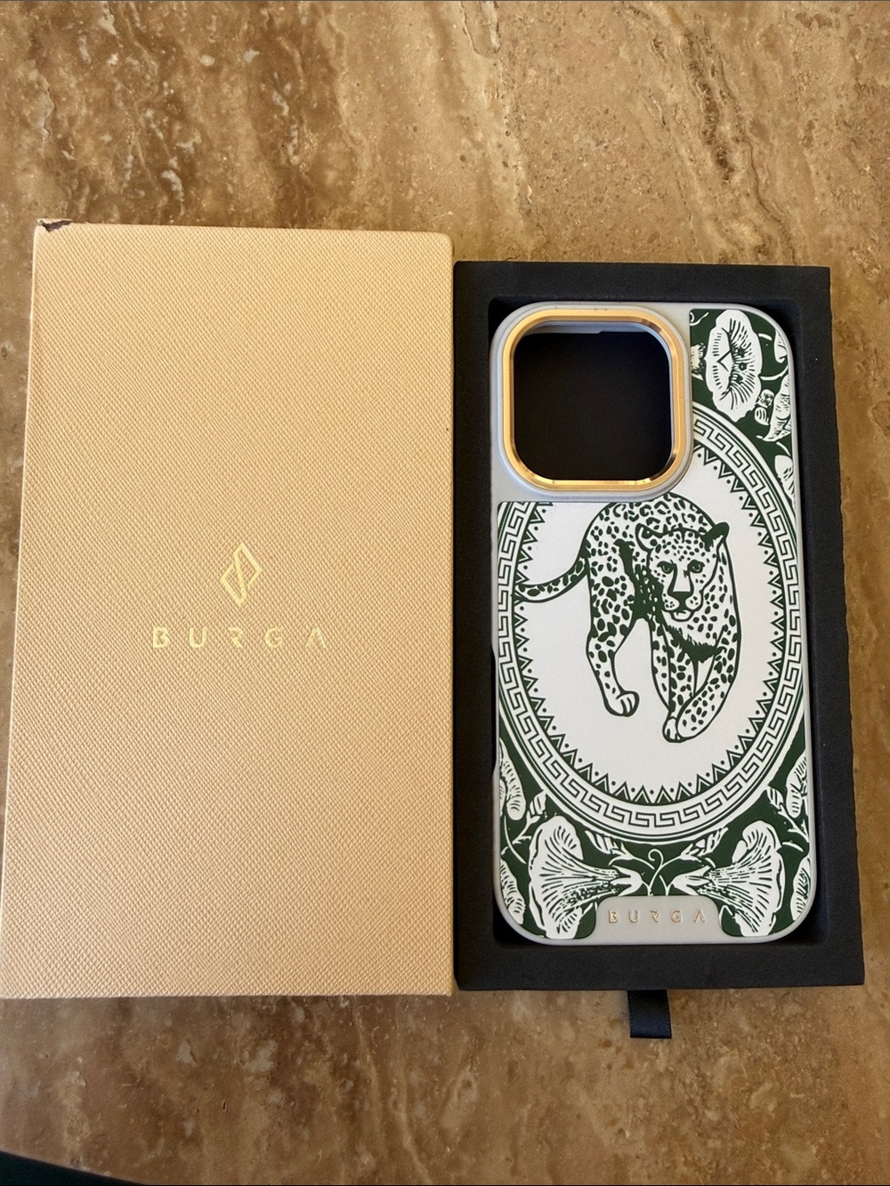 Burga Elite iPhone 16 Pro Leopard Motif Phone Case with Gold Trim